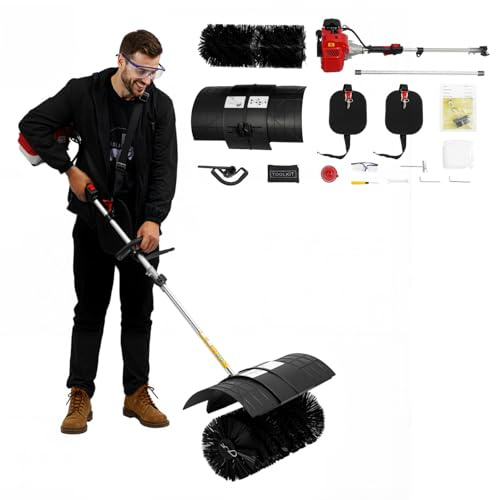 52CC Petrol Power Sweeper Broom, 2-Stroke Engine, Handheld Nylon Brush, Cleaner Outdoor Cleaning Machine for Artificial Grass, Driveways, Lawns, Streets, Farms, Golf Courses, Adjustable Speed, 1.25kW