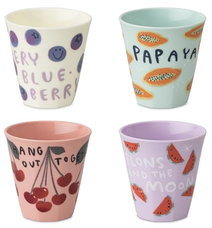 Koziol NORA CUP M Taza de 300 ml, decoración ilustrada a mano, irrompible, apilable, plástico biocircular, apto para lavavajillas, sin melamina, ideal para cocina, pícnic y fiesta (4, JUICIES)