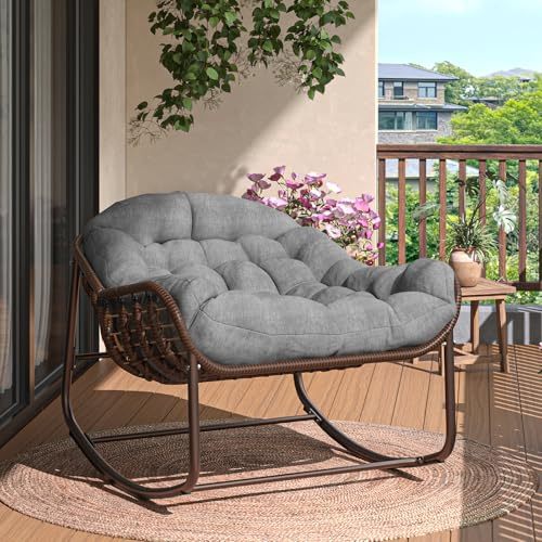 Poltrona a Dondolo Papasan Vimini Grandi Dimensioni Esterno Forma Uovo Robusta Struttura Metallo Cuscino Spesso e Resistente All'Acqua Portata Massima 204 kg Ideale Per Balcone, Giardino, Veranda o