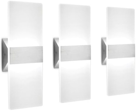LED Wall Sconce Modern Wall Light Lamps 12W Cool White 6000K Up and Down Indoor Acrylic Lighting Fixture for Living Room Bedroom Hallway Conservatory Home Room Decor Not Dimmable No Plug(3 Pack)