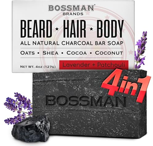 Bossman 4-in-1 Charcoal Soap Bar (4 oz) – Bar Soap for Men – All-Natural Beard Wash, Shampoo, Body Wash & Shaving Solution – Lavender & Patchouli Scent