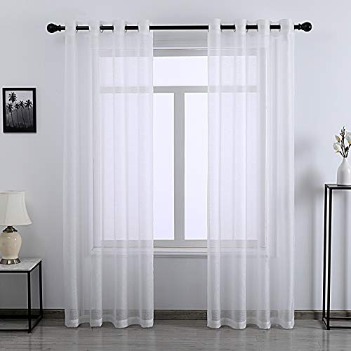 DONREN Sheer Pure White Curtain Panels Bedroom Home Decoration Luxury Solid Textured Sheer Panels with Ring Top (2 Pack,52 W x 84 Inches Long)