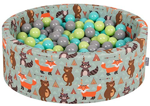 KiddyMoon Piscine À Balles pour Bébé Rond 90X30cm/200 Balles 7Cm Fosses À Boules Jouet Enfant, Renard-Vert: Vert Clair/Turquoise Clair/Gris