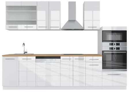Vicco Küchenzeile Fame-Line, Weiß Hochglanz/Weiß, 300 cm | 8 Module · Höhenverstellbare Füße · Ohne Arbeitsplatte · MDF-Fronten · Softclose · Metallgriffe