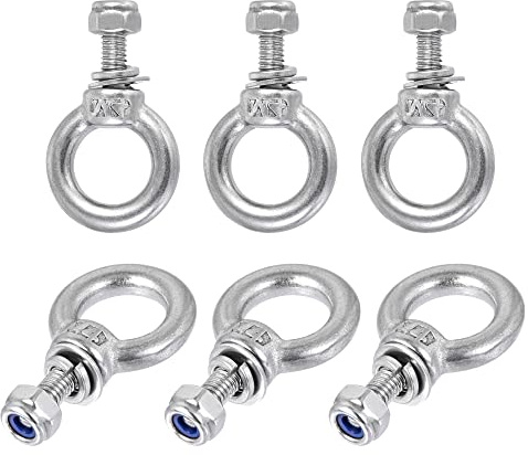 sourcing map Lifting Eye Bolt M4 x 11mm Male Thread with Hex Screw Nut Gasket Flat Washer for Hanging Securing Chain Wire Rope, 304 Stainless Steel, 6 Sets