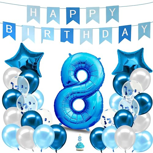 envami® Geburtstagsdeko Jungen Blau Zahl 8. Geburtstag Junge Happy Birthday Deko Geburtstag Junge Folienballon 8 Luftballon 8.