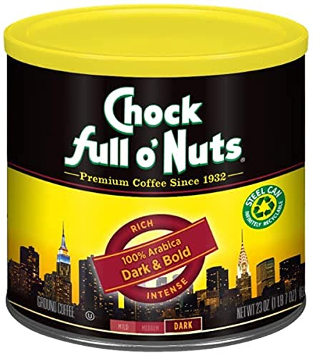 Chock Full o' Nuts Dark & Bold Ground Coffee – Premium Beans in Recyclable Steel Can – Rich Flavor & Aroma, Dark Roast – Perfect for Drip, Pour-Over, Percolator – 23 Oz Can
