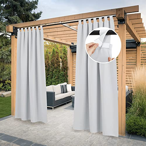 PONY DANCE Cortinas Opacas Aislantes Luz para Jardin/Pergolas, Cortinas Impermeable de Exterior con Trabillas Adhesivo 2 Piezas,132x243cm,Blanco Gris