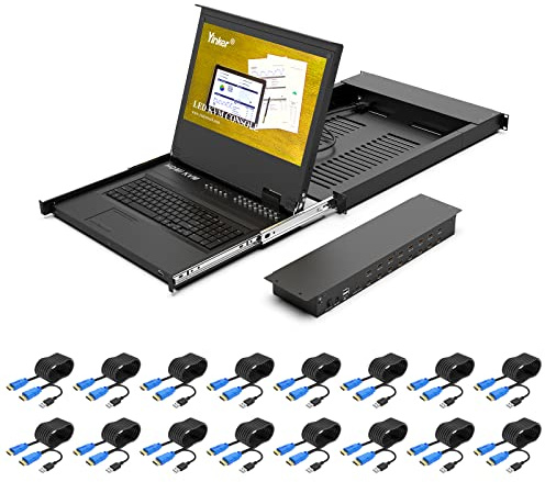 17.3'' LCD KVM Konsole HDMI 16 Port, Yinker Rackmount KVM Switch Fit 1U 19 Zoll Rack, Tastatur Monitor Touchpad Schublade Integriert + Kabel 1920x1080