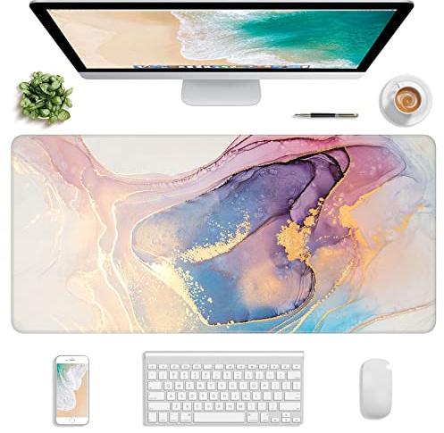 Atufsuat Extended Gaming Mouse Pad, XXL Large Desk Pad 30 x 14 Inch, Big Computer Keyboard Mousepad, Waterproof Mouse Mat with Stitched Edges and Non-Slip Base for Office Gaming, White Pink Marble