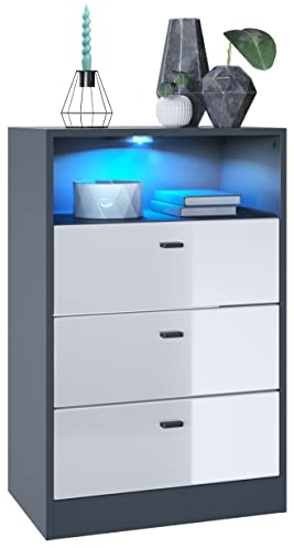 Vladon Kommode Pino V2, Made in Germany, Anrichte mit 3 Schubladen & 1 offenem Fach, Anthrazit matt/Weiß Hochglanz mit LED RGB (56 x 86,5 x 36 cm)