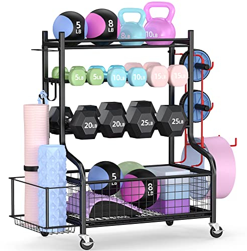 Mythinglogic Hantelständer, Multifunktionaler Kurzhantelständer für Hanteln, Yoga Matte, Faszienrolle, Kettlebell und Yoga Block, Hantelhalter aus Pulverbeschichtetem Stahl mit Rädern und Haken