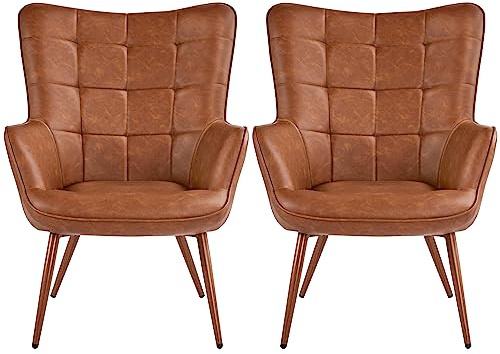 Yaheetech Set of 2 Accent Chair Faux Leather Armchair Modern High Back Room Chairs for Living Room Brown
