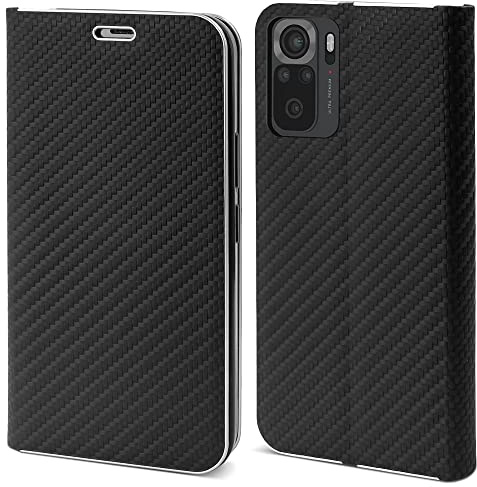 Moozy Hülle für Xiaomi Redmi Note 10 / Note 10S, Schwarz Carbon - Metallischer Kantenschutz Klapphülle Handyhülle mit Kartenfach und Standfunktion