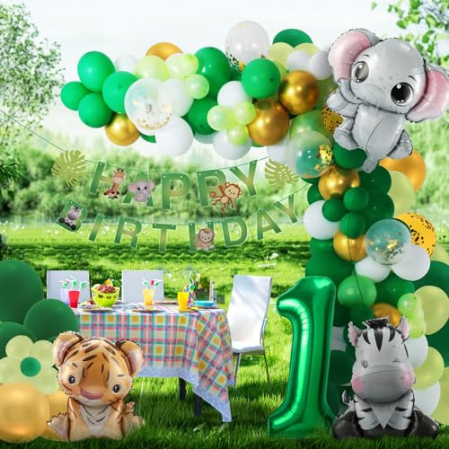 1.Geburtstag Junge Mädchen 1 Jahr Dschungel Dekoration Waldtiere Folienballon, Safari Folienballon Kindergeburtstag Deko Wild One Deko,Tiere Luftballon Geburtstagsdeko
