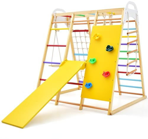 GYMAX 8 in 1 Kids Climbing Set, Indoor Playground Toddler Climber Slide Playset with Swing, Climbing Rock/Net, Monkey Bars and Rope Ladder, Wooden Climbing Toys for 3 Year Olds + (Colorful)