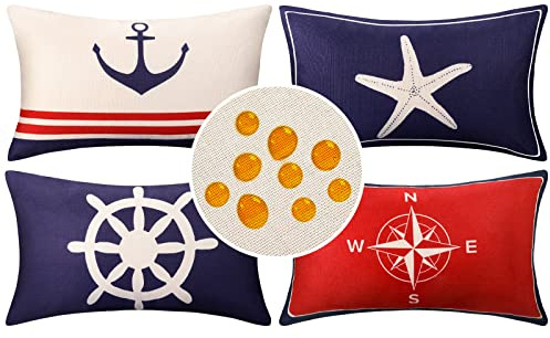 Kissenbezug 30x50cm Wasserdichte Kissenbezugen 4 Stück Ozean-Serie Kissen Fall Atmungsaktiv Deko Kissenhülle Anker Ruder Schiff Muster für Outdoor Balkon Terrasse Patio Garten , Weiß Rot und Blau