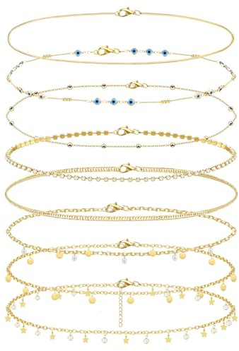 KALVICA 6/8 Stück Bauchkette Gold Damen Verstellbarer Taillenkette Damen Mode Körperkette Body Chain Schmuck Set für Frauen Belly Chain