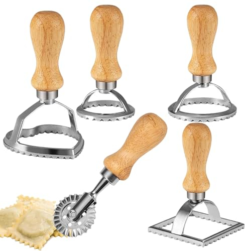 Ravioli Ausstecher, Raviolischneider set, Teigrädchen, Ravioli Former Cutter, Edelstahl, mit Holzgriff und Geriffelten Rand, für Pasta, Knödel, Lasagne, 5 Stück