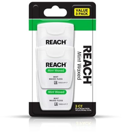 REACH Waxed Dental Floss, Mint, Plaque Remover for Teeth, Shred Resistant, Floss Slides Smoothly, Easy to Use, Waxed, Deep Cleaning Teeth, Oral Care, PFAS Free, for Adults & Kids, 3 Pack, 55 yd