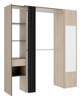 Vente-unique - Dressing avec Rideau et 1 Porte - avec Miroir - L177 cm - Coloris : Naturel et Anthracite - Bertrand