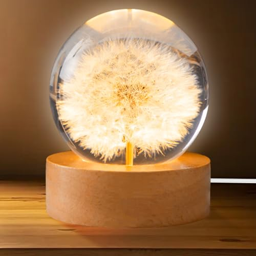 GOMETY Veilleuse en boule de cristal - 6 cm - En forme de pissenlit - Veilleuse en forme de boule de cristal - Avec socle en bois USB - Lampe pissenlit - Pour la maison - Décoration de table - Cadeaux
