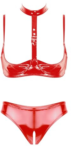 Choomomo Women's 2 Piece Lingerie Nightwear Halter Shelf Bra Quarter Cup Bra Tops with Panty Set Red XXL