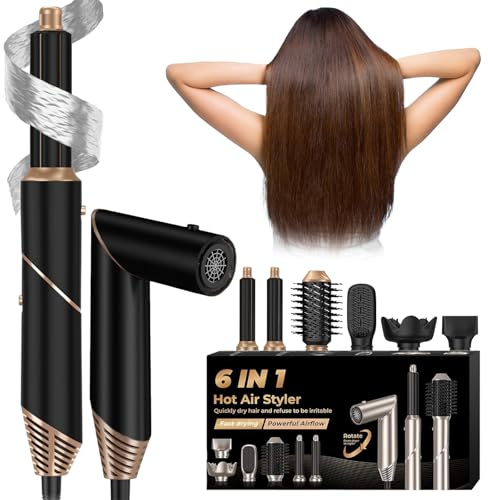 Airstyler 6-i-1 Luftstyler och Hårtork, Hopfällbar Varmluftsborste Med Joner, Hårstyler, Hårfön, Hårtork För Snabbtorkande, Multihårstylare Med Automatisk Luftlocktång, Plattång Borste Och Volymborste