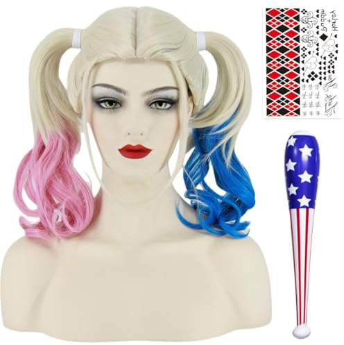 Perücke für Harley Quinn Damen mit Tattoo Perüce Kappe Lang Perücen für Frauen Faching Karneval Mottoparty Harley Quinn Kostüm Halloween Wig (Blond Blau Rosa) VD122