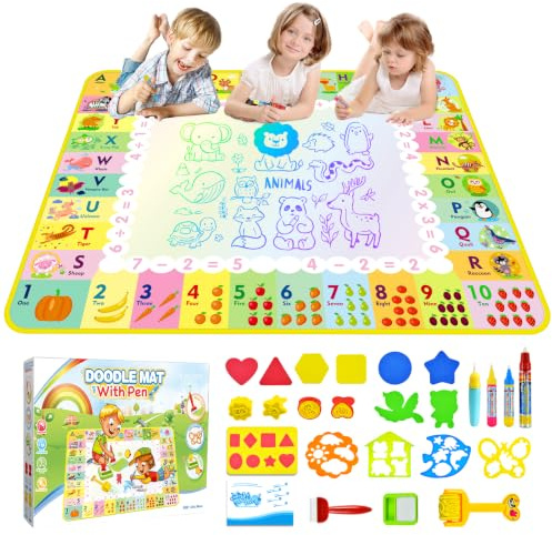 raigya Water Doodle Mat 120 x 90cm with 4 Magic Pens, Mess-Free Reusable Drawing Mat for Kids, Toddler Toys Birthday Gifts for 2 3 4 5 6 Year Old Boys Girls Indoor Outdoor Play