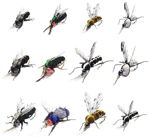 Bass-Fliegenfischköder, Angelfliegen-Set | Forellenköder-Set mit 12 Stück,Handgebundener Fliegenköder zum Barsch-Lachs- mit Haken. Inklusive Angel-Fliegenboxen für Angelliebhaber