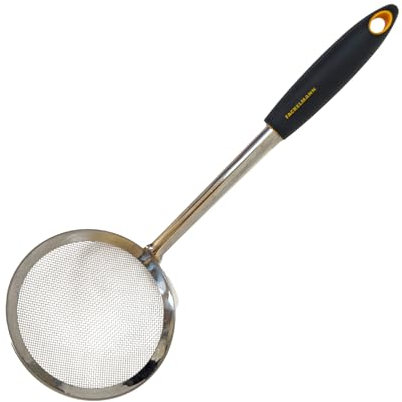 Fackelmann Morbido schiumarola a rete, in acciaio inox e manico in polipropilene con tocco morbido, antiscivolo ed ergonomico, adatto per friggere e schiumare, 30 x 11 x 8 cm, arancione e grigio, 1