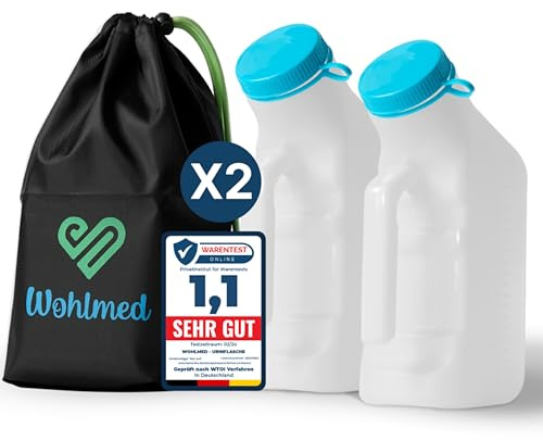 Wohlmed - 2er pack auslaufsichere Urinflaschen für Männer aus solidem Kunststoff mit leuchtendem Deckel inkl. diskrete Tasche-Geruchsschutz 1000 ml Harnflasche für Zuhause, Auto, Camping und unterwegs