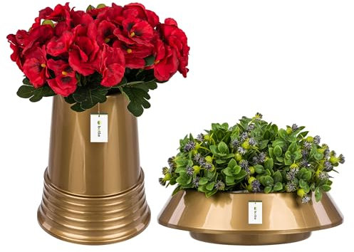 Lot de vases à piston de cimetière - Hauteur : 24 cm - Diamètre : 11 cm - Pot de fleurs - Diamètre : 23 cm - Doré brillant - Décoration funéraire pour compositions en fleurs artificielles et