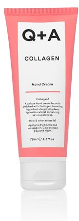 Q+A Crema Mani al Collagene, Nutriente e Idratante con Collagene Vegetale, Complesso di Zuccheri e Ematite, Profumo di Pera Dorata e Uva, Vegana, Cruelty-Free, Confezione Riciclata, 75ml