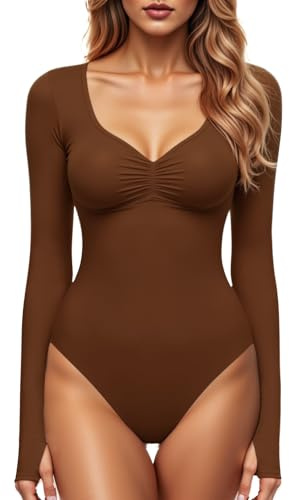 GJY Dam fyrkantig V-hals bodysuit sexig topp mode långärmad utomhus stretch toppar bodysuit kostym, Mörkbrun, L