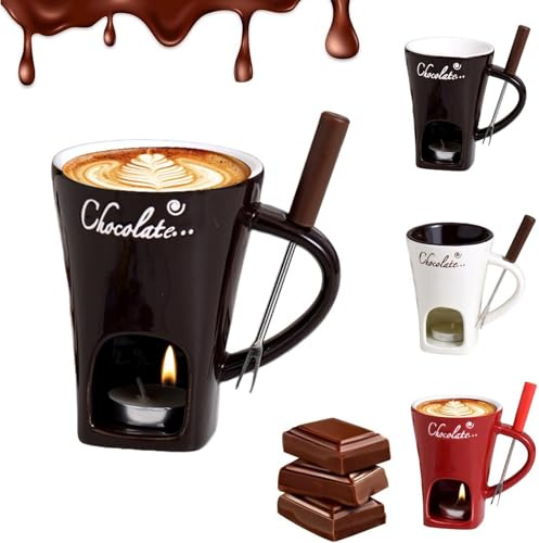 Schokofondue Tasse Mit Teelicht Und Gabeln, 200ml Keramik Schokoladenfondue Tassen, Schokoladen Fondue Becher, Schokoladenfondue Becher, Mehrzweck Becher Zum Schmelzen Für Schokolade, Käse, Karamell