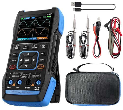 2C53T 3-i-1 bärbart oscilloskop multimeter förbättrad med 2 kanaler, 50 MHz bandbredd och 250 MS/s samplingsfrekvens, TRMS signalgenerator 19999 Counts, 13 vågformer för testning av
