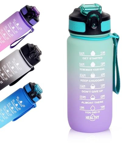 Borraccia per bambini, 600 ml, senza BPA, in Tritan con cannuccia, borraccia sportiva con indicazione del tempo per fitness, scuola, yoga, attività all'aperto (verde chiaro viola)