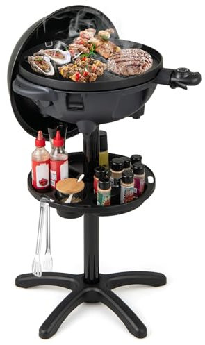 COSTWAY 2 en 1 Parrilla Eléctrica para Barbacoa, 1200W Parrilla Exterior con Placa de Cocción Antiadherente de 2 Zonas, Temperatura Ajustable 180°C - 270°C, Estante para Condimentos para Balcón