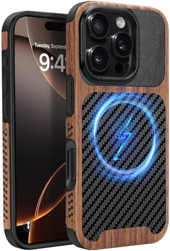 ZZDZZ Magnetisch Hülle für iPhone 16 Pro Max Hülle [Kompatibel mit MagSafe] Holz und Carbon Leder Design Handyhülle Stoßfest Schutzhülle (Schwarz) | ZZDZZ Magnetische Schutzhülle, kompatibel mit iPhone 16 Pro Max, Holz und Leder, Karbonfaser-Design, stoßfeste
