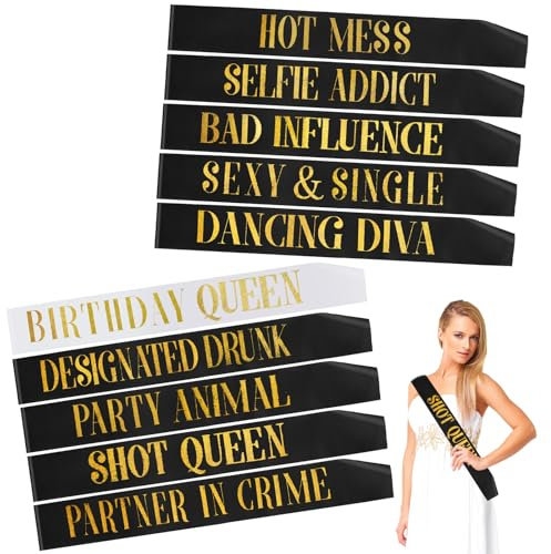 10 Pack Birthday Sash,Satin Birthday Queen Sashs,Personalised Sash Accessories With Gold Text for Women Girls Party Favors Decorations