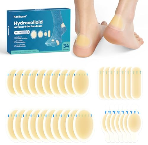 Hydrocolloid Blister Plasters for Feet - Kimihome 34ct Adhesive Blisters Bandages - Gel Blister Protection for Heels, Foot, Toe, Finger - Travel Essentials for Calluses,Bunion (Variety Pack)