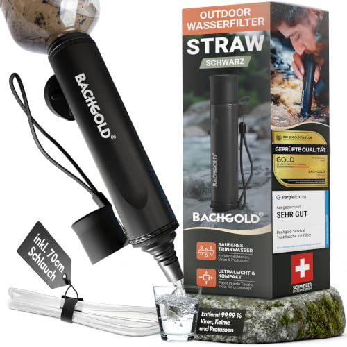 Bachgold Straw vattenfilter utomhus överlevnad – ultralätt prepputrustning ger upp till 500 l färskt dricksvatten för alla nödsituationer, inklusive slang, hållbar konstruktion, Svart