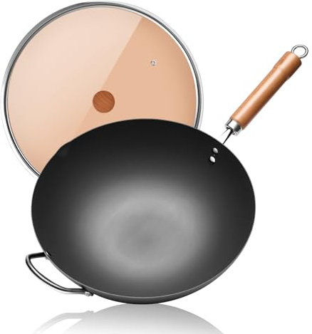 WANGYUANJI 34 cm Iron Wok with Glass Lid — Flat-Bottom, Uncoated, Induction Hob Compatible Chinese Stir-Fry Pan for Gas, Electric & Ceramic Hobs