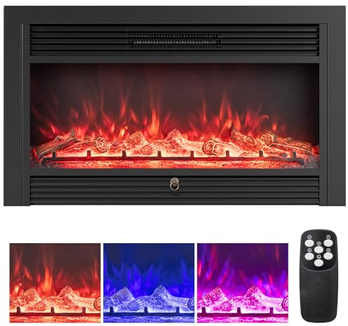 COSTWAY 36”/91cm Electric Fireplace, Recessed/Freestanding Fire Heater with 3 Flame Colors, 5 Adjustable Brightness, Remote Control, 8H Timer & Overheat Protection, 750W/1500W