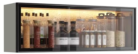 HJLKDYM Kitchen Wall Mounted Glass Display Cabinet, Gray/white Pantry Storage Cabinet With Doors, Hanging Cabinet Drill-free Installation For Kithen Dining Room(Black-A,60x32x19cm)