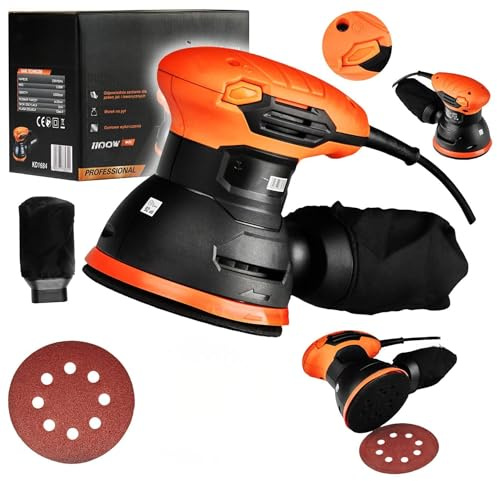 Levigatrice Eccentrica 1100W, 125 mm, 6 Velocità Variabile 5.000–12.000 giri/min, Sistema Raccolta Polveri, Impugnatura Antiscivolo, Ideale per Legno, Metallo e Vernici