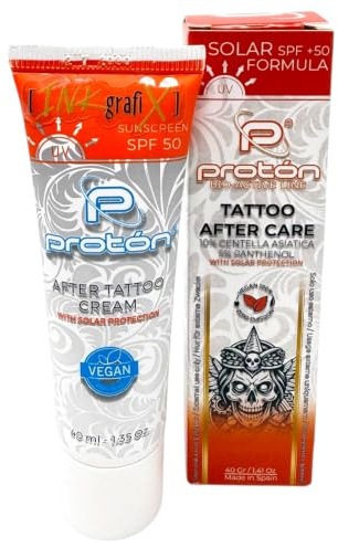 Crema de tatuaje Proton con protección UV/protección solar SPF50 40 ml – Vegano – INKgrafiX – Crema profesional para el cuidado del tatuaje – 10% Centella y 5% pantenol