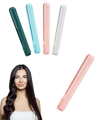 2 in 1 Mini Hair Straighteners & Curling Iron, Cordless Travel Straighteners for Short Hair, USB Portable Ceramic Flat Iron, Small Curling Tongs for Fringes & Bobs (Pink)